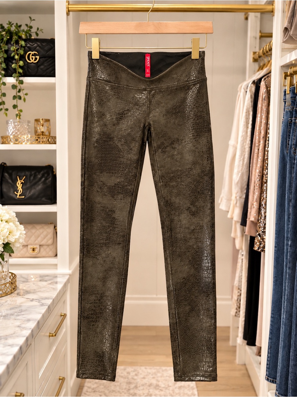 NWOT SPANX Olive Green Faux Snakeskin High-Rise Skinny Leggings Size Medium